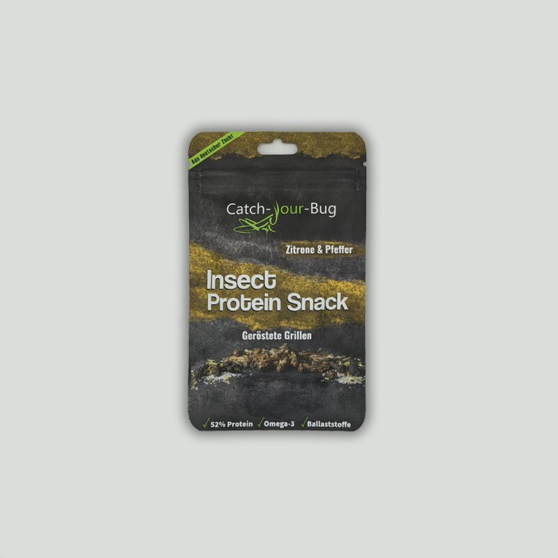 Insektensnack "Zitrone & Pfeffer" von Catch your Bug - geröstete Insekten Insektensnack "Zitrone & Pfeffer" von Catch your Bug - geröstete Insekten